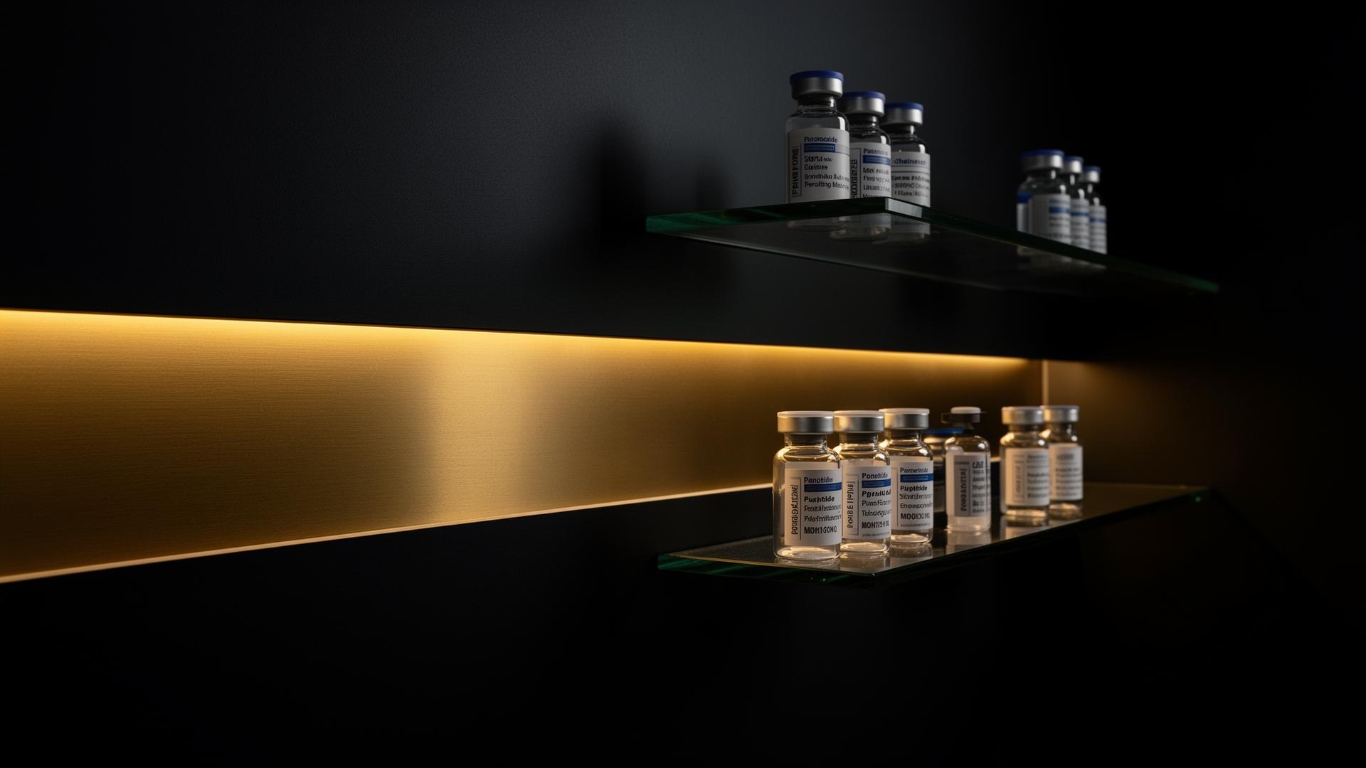Laboratoriumteam van AB-Peptides beoordeelt research peptiden onder een gouden accentlicht